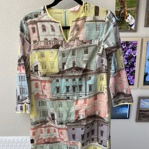 Ted Baker 3/4 sleeve colorful houses shift dress